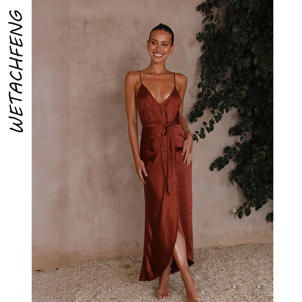 Women's Sexy Elegant Brown Slip Long Dress V Neck French Lace Up Backless Split Holiday Party Evening Dress Clothes 2024 Summer