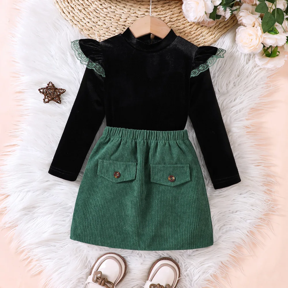 

2024 Clothing Set Girls Long Sleeve O Neck Ruffles T-shirt Green Skirts Cute 2 Pcs Sets Casual Girls Clothes Set 2-7T