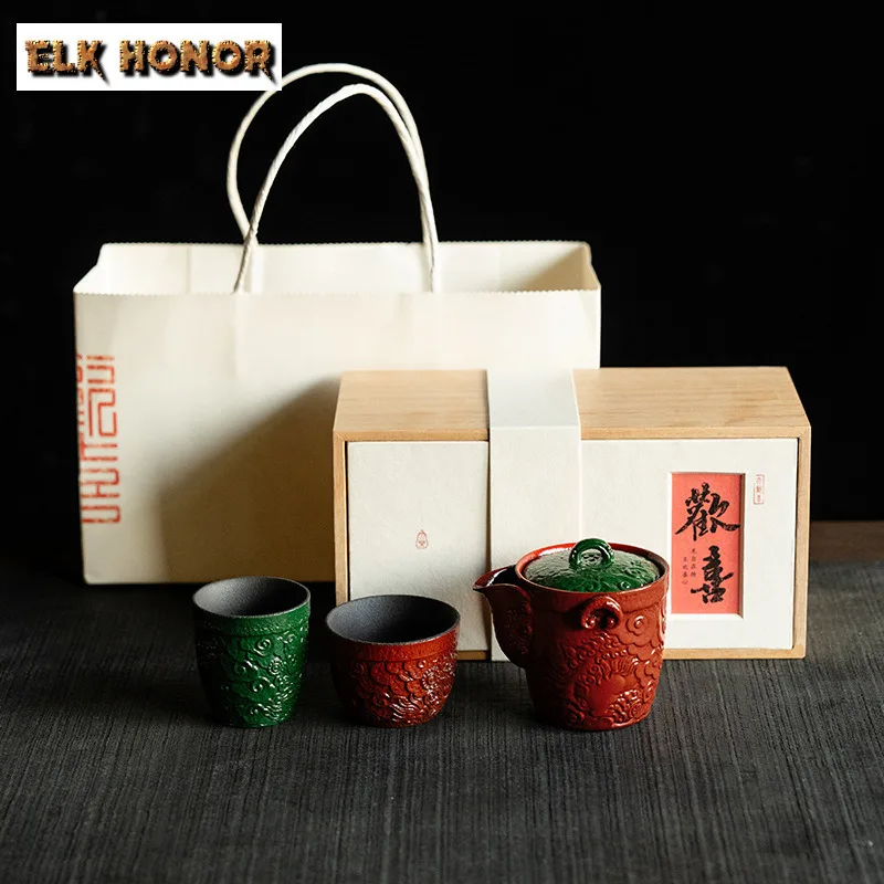 Ancient Lacquer Red Hand Held Tea Set Complete Set Traditional Tea Ceremony Set Household Teapot and Tea Cup Set Tea Items Craft