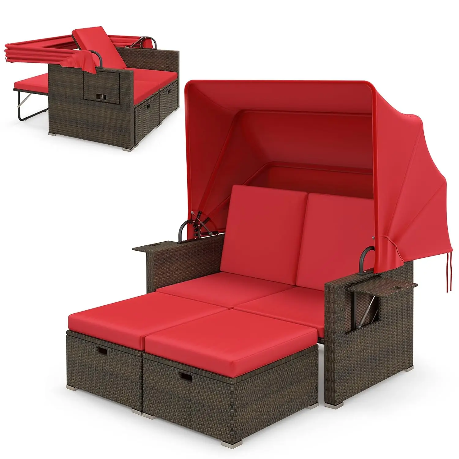 

Moccha Outdoor Daybed with Retractable Canopy - Rattan Loveseat Sofa Set w/ Adjustable Backrests, 2 Folding Side Panels,,Custom