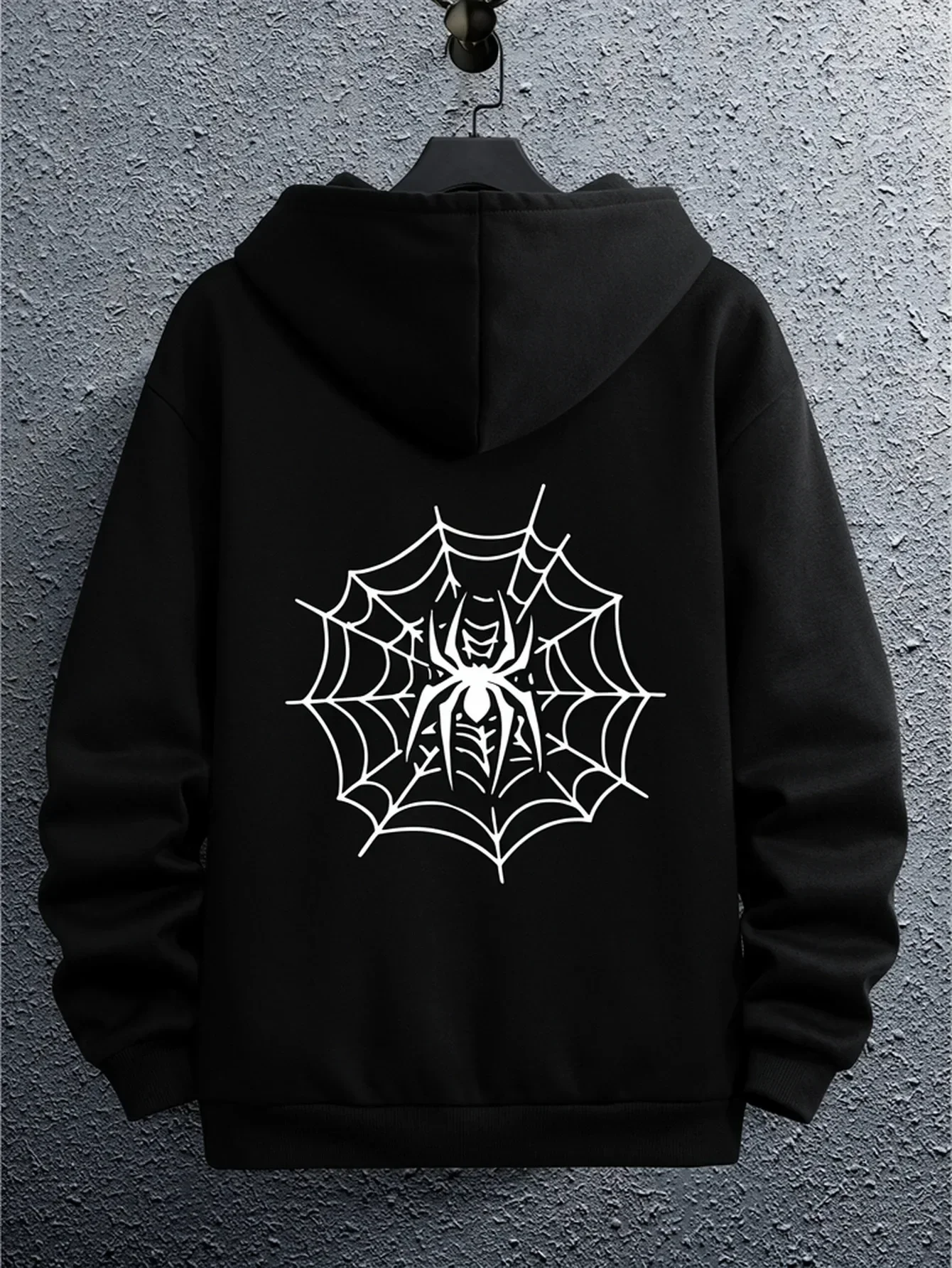 Unisex hooded sweatshirt with modern spider pattern print. Black oversized pullover. Street style hoodie. Fall/Winter collection