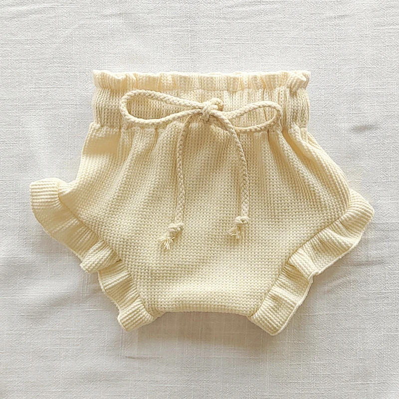 New Baby Casual Shorts Summer Korea Baby Girl Clothing Fashion Drawstring Design Waffle Elastic Solid Color Ruffle Bloomers