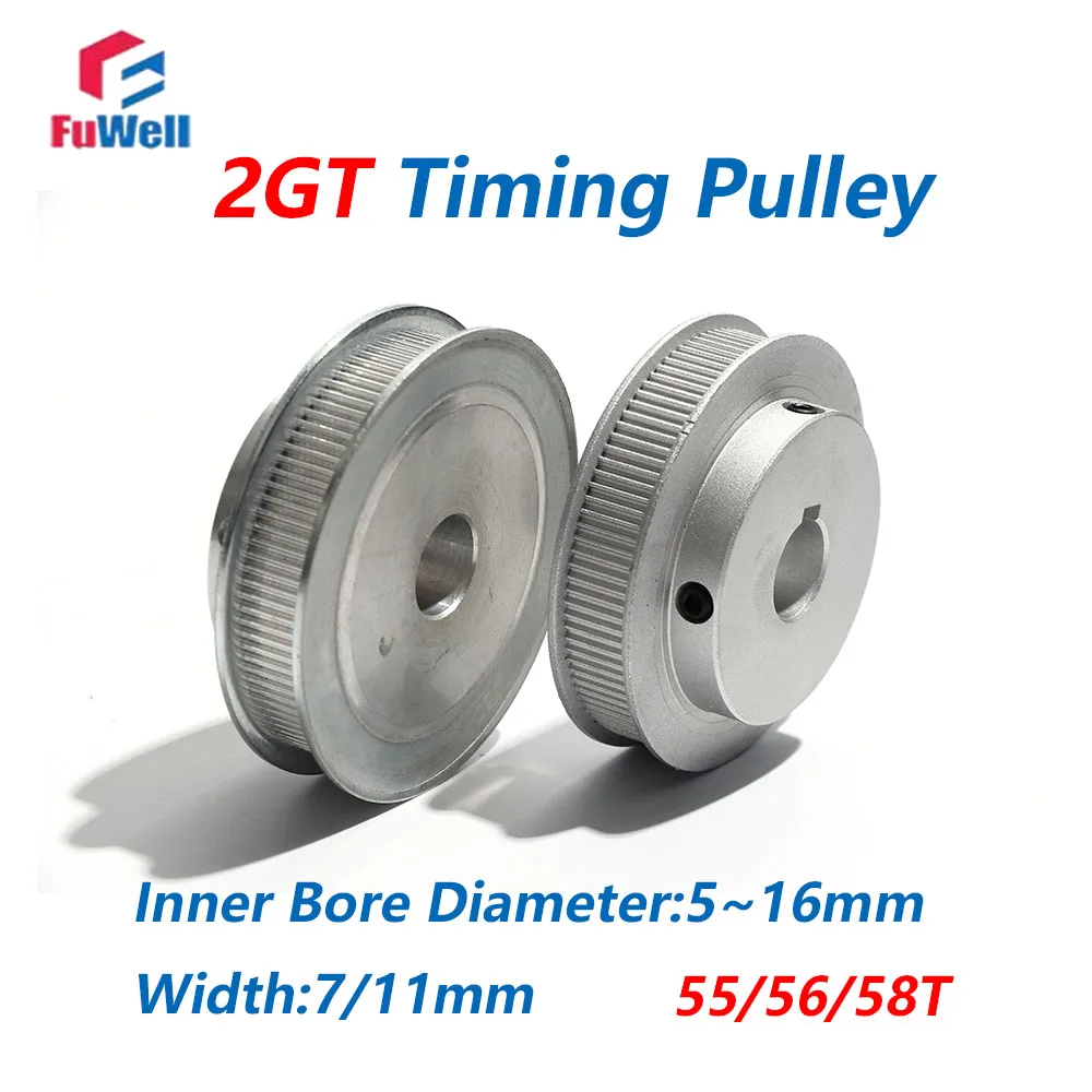 FuWell 55/56/58T 2GT Tooth 2M Synchronous Wheels Belt Width 7/11mm  Timing Belt Pulley Bore 5mm~15mm For GT2 Aluminum Alloy Gear