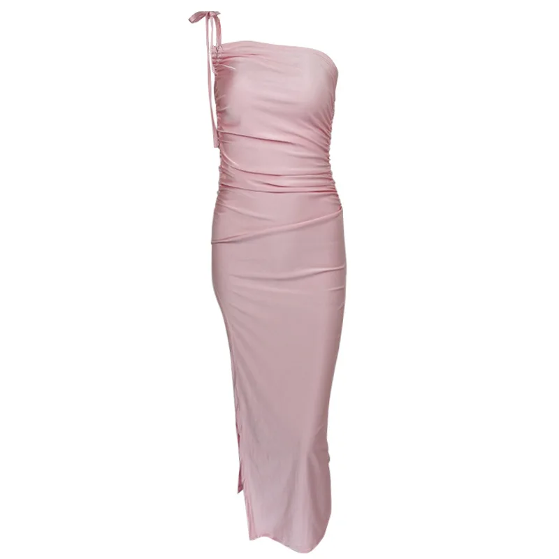 夏の新作 欧米風 レディースファッション ストラップレス ラップチェスト スリット入りスカート おしゃれ スリム プリーツワンピース