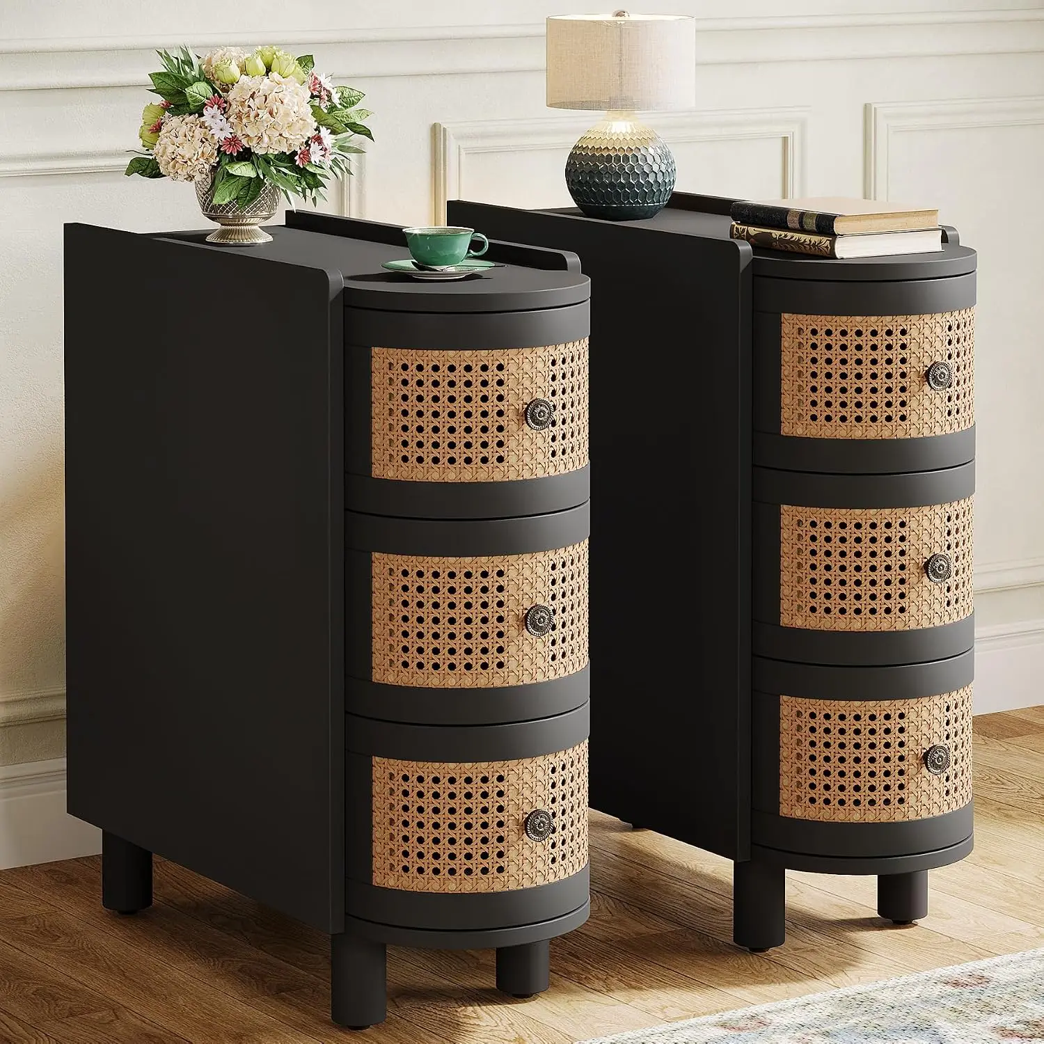 Solid Wood End Table 2-Pack, 3-Drawer Rattan Side Night Stand with Embossed Handles for Living Room, No Assembly, Black & Oak, C