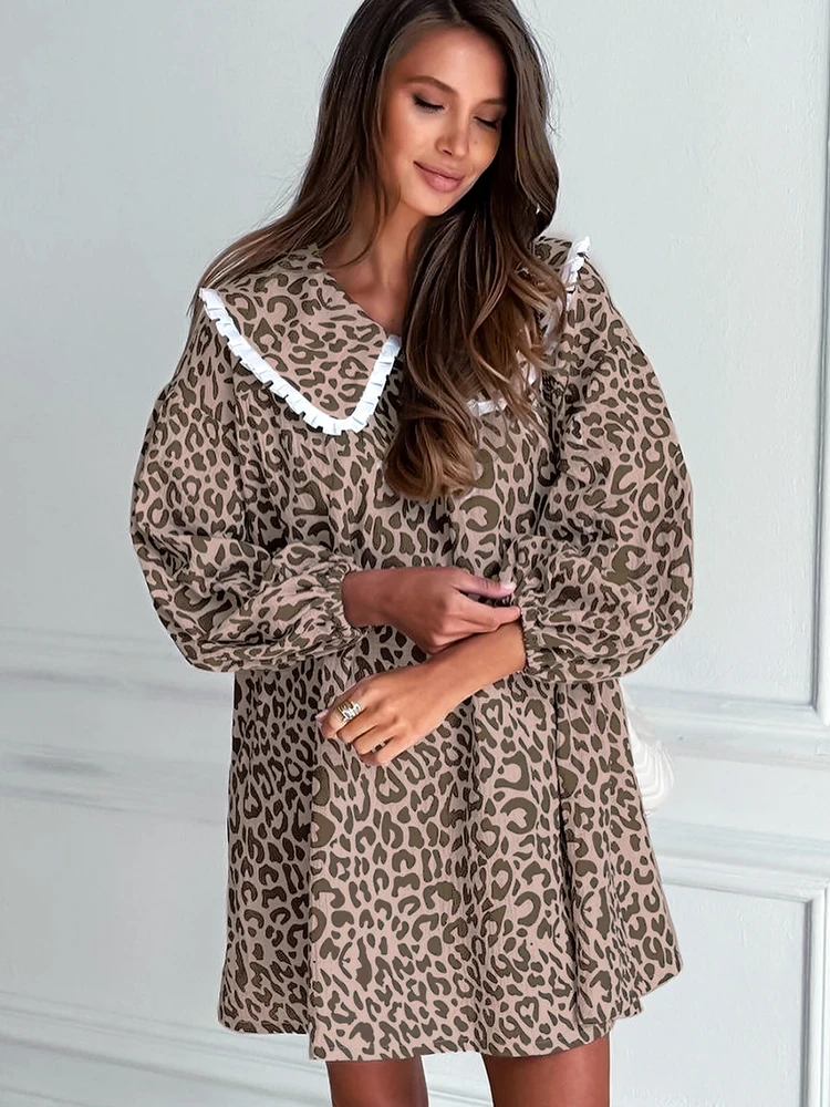 Linad Print Night Dress Women Loose Peter Pan Collar Long Sleeve Sleepwear Female Summer Casual Woman Dresses 2024 Homewear