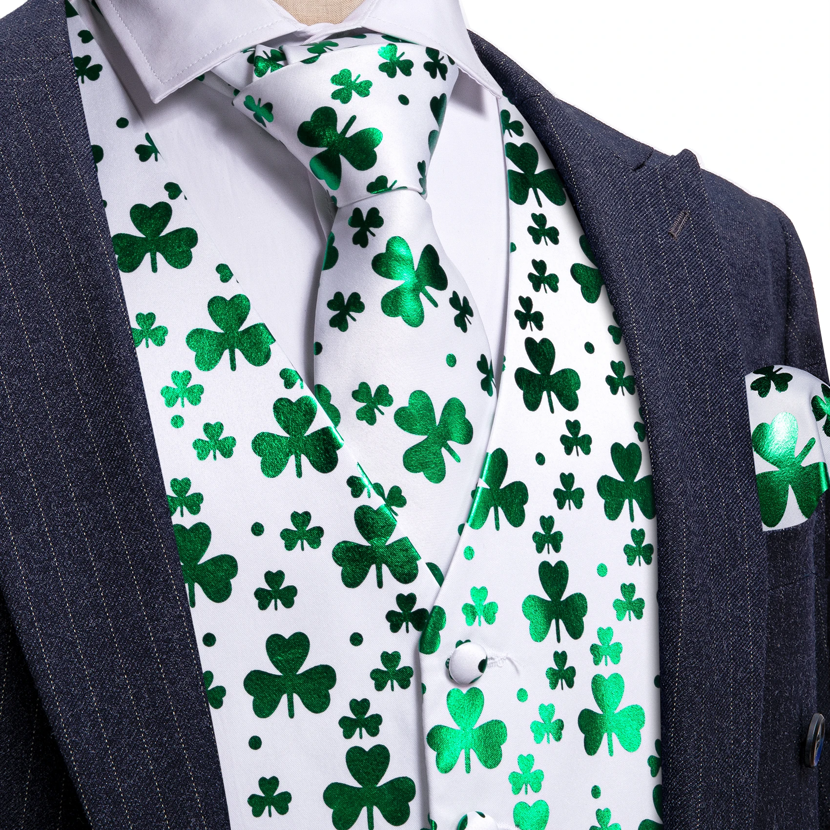 30 Colors Designer Silk Green Vest for Men Clover Paisley Plaid V Neck Waistcoat Tie Set Wedding St.Patrick\'s Day Barry Wang