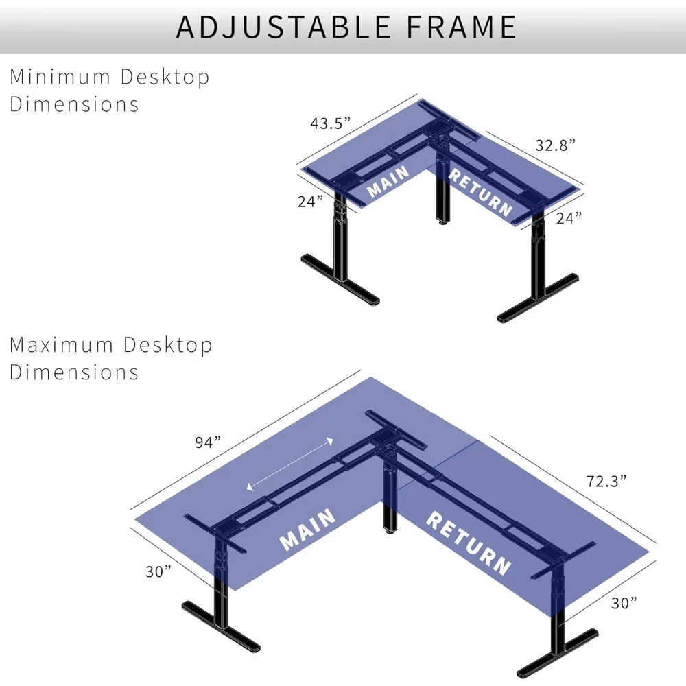 Electric Motor Height Adjustable Corner 3 Leg Standing Desk Frame, Frame Only, Sit Stand Ergonomic L Frame
