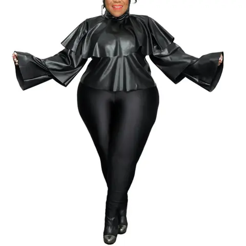 Women's Casual Street Long Tiered Sleeves Faux PU Leather Turtleneck Tops, Nightclub Zipper Back T-shirt, Plus Size