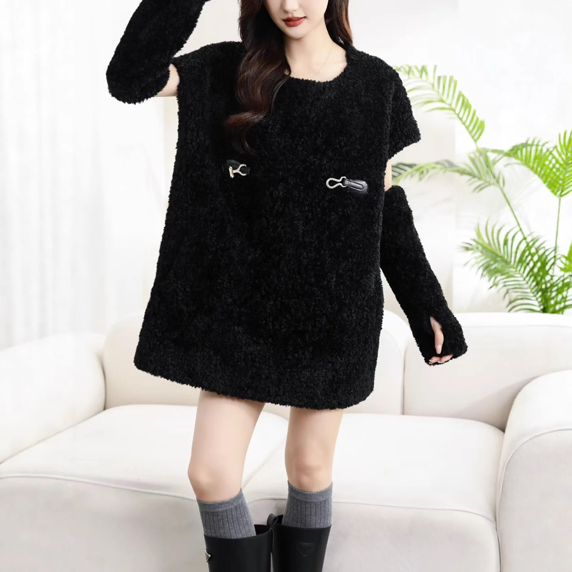 Women Faux Fur Coat Solid Fur Jacket Fleece Sleeve Covers Round Neck Short Sleeve Thick Warm Fur Loose Casual 2025 Autumn Winter
