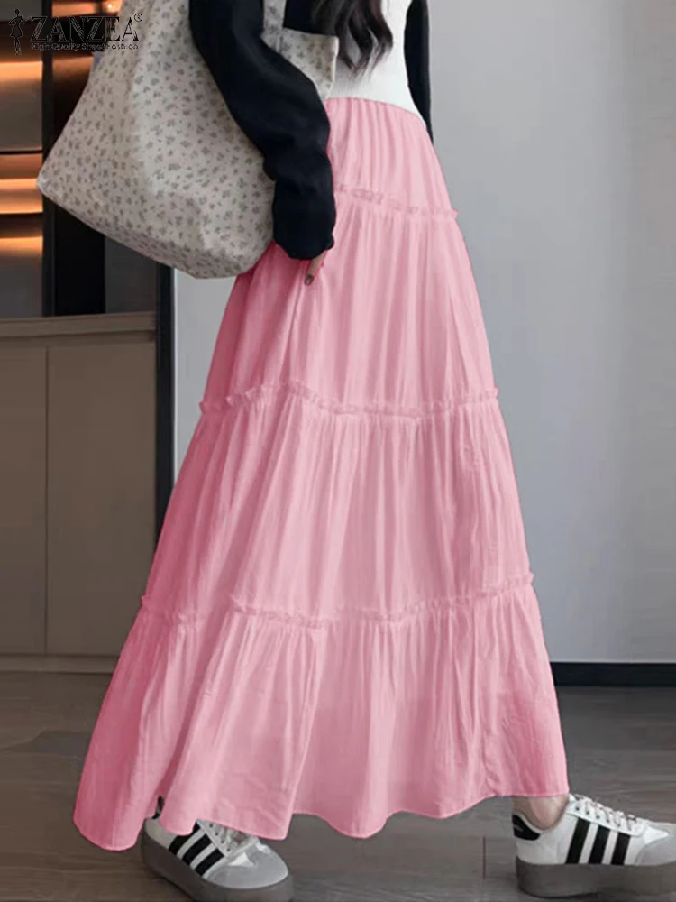 Women Multilayer Long Skirts Fashion ZANZEA Solid Cake Jupes Holiday All-Match Sweety Faldas Korean Ruffled Stitching Overskirts