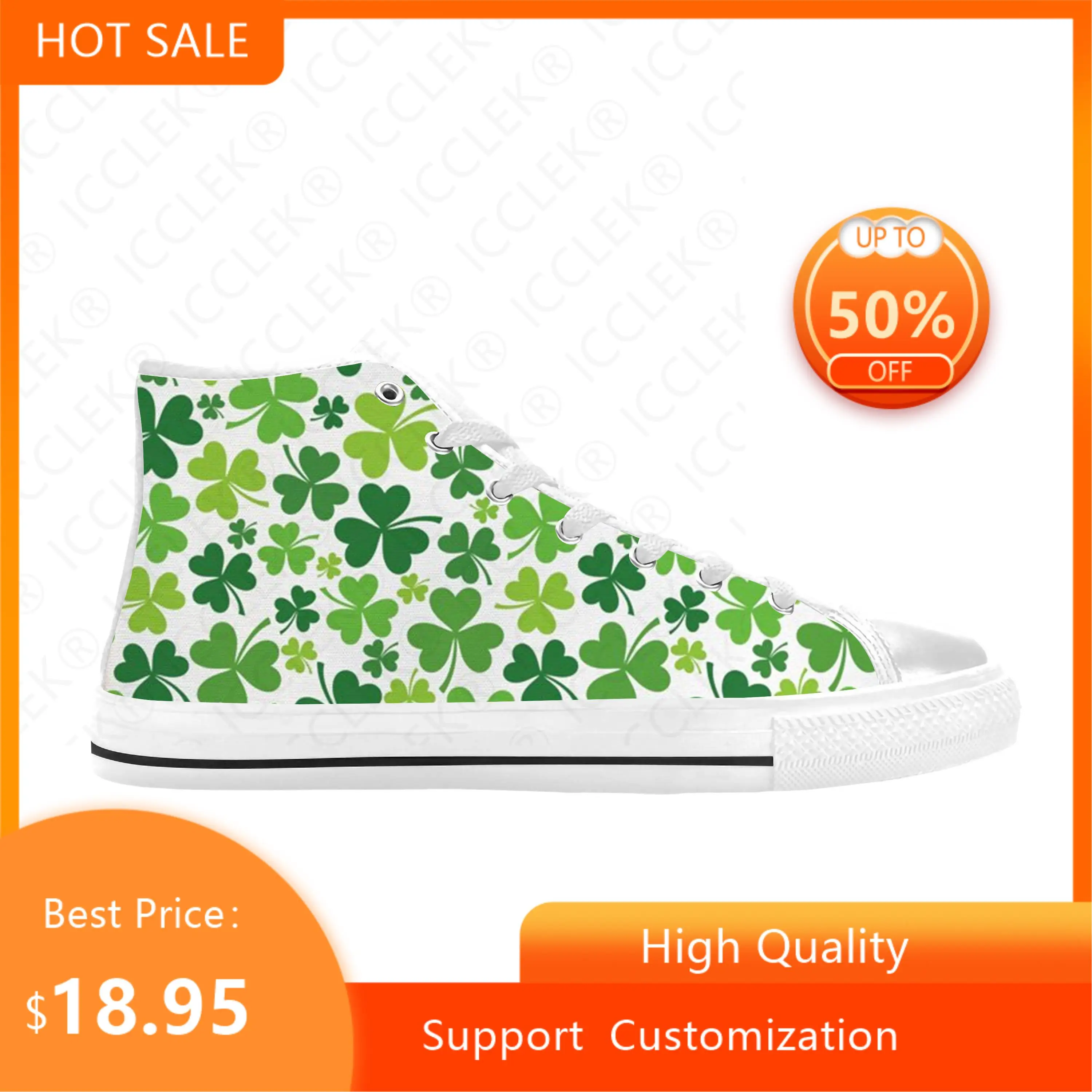 Happy Clover St Patrick's Day Pattern Shamrocks High Top Comfortable Breathable 3D Print Sneakers Mens Womens Casual Cloth Shoes