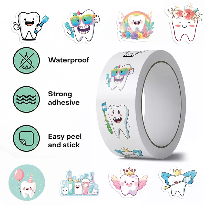 

500 листов/рулон, наклейки с мультяшными героями для защиты зубов, для детей и студентов, для граффити, на ноутбук, канцелярские товары, милые стикеры, подарки для стоматологических клиник