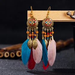 Vintage Bohemian Long Feather Women's Earrings Enamel Flower Drop Dangle Earrings Boho Tassel Leaf Wooden Bead Handmade Jewelry