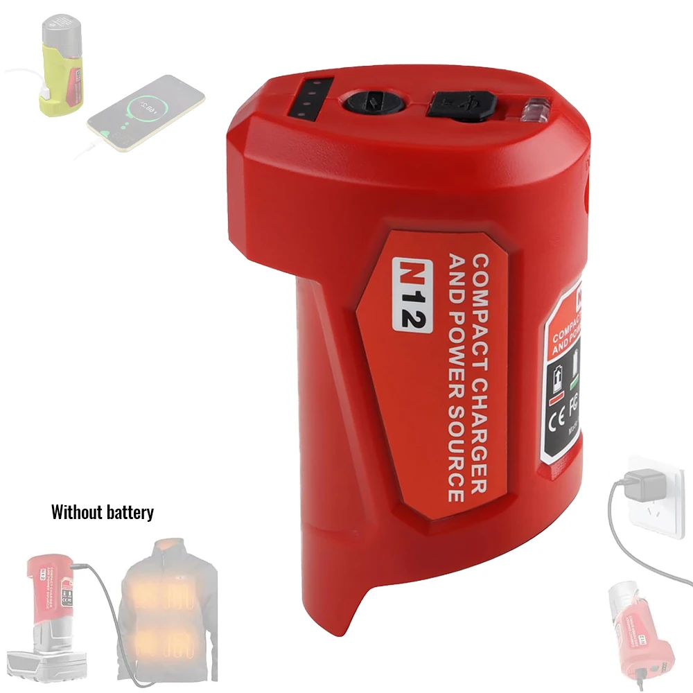 N12 Battery Power Source Adapter for Milwaukee 12V M12 Battery Power Wheel Charger Adapter with 12V DC Port USB Port