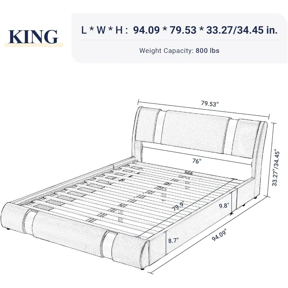 King Size Bed Frame with Iron Piece Decor, Faux Leather Upholstered Platform Bed with Curved Adjustable Headboard