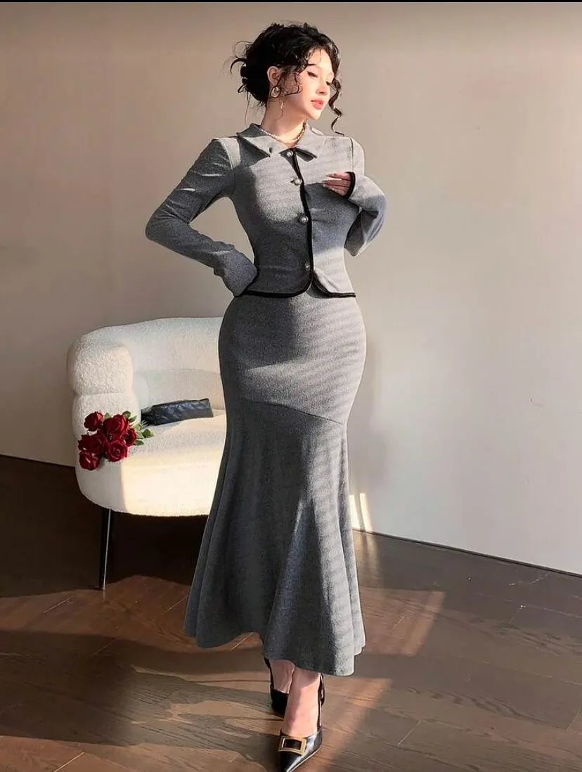 Robes de bal simples en deux pièces pour femmes, col rond, manches longues, volants, style sirène, longueur cheville, robe de soirée formelle, personnalisée