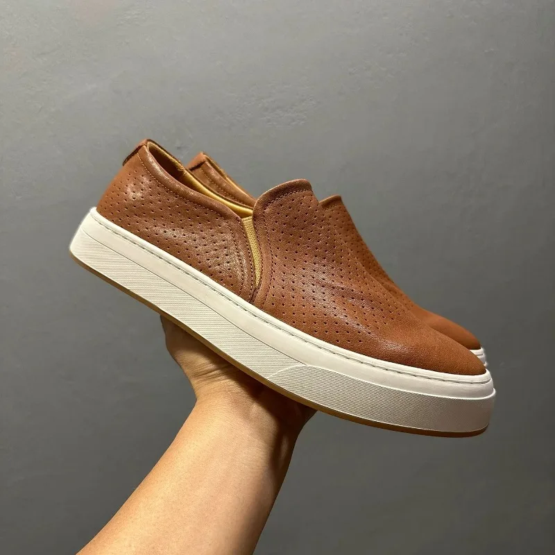 

Summer Slip on Flats Men Loafers Street Hiking Casual Shoes Genuine Leather Comfortable Breathable Outdoor Skate Shoes