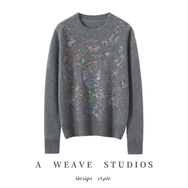 Autumn Winter Women Cashmere Sweaters O-neck Long Sleeve Pullovers 100% Cashmere Knitwear Thick Warm Butterfly embroidery Top