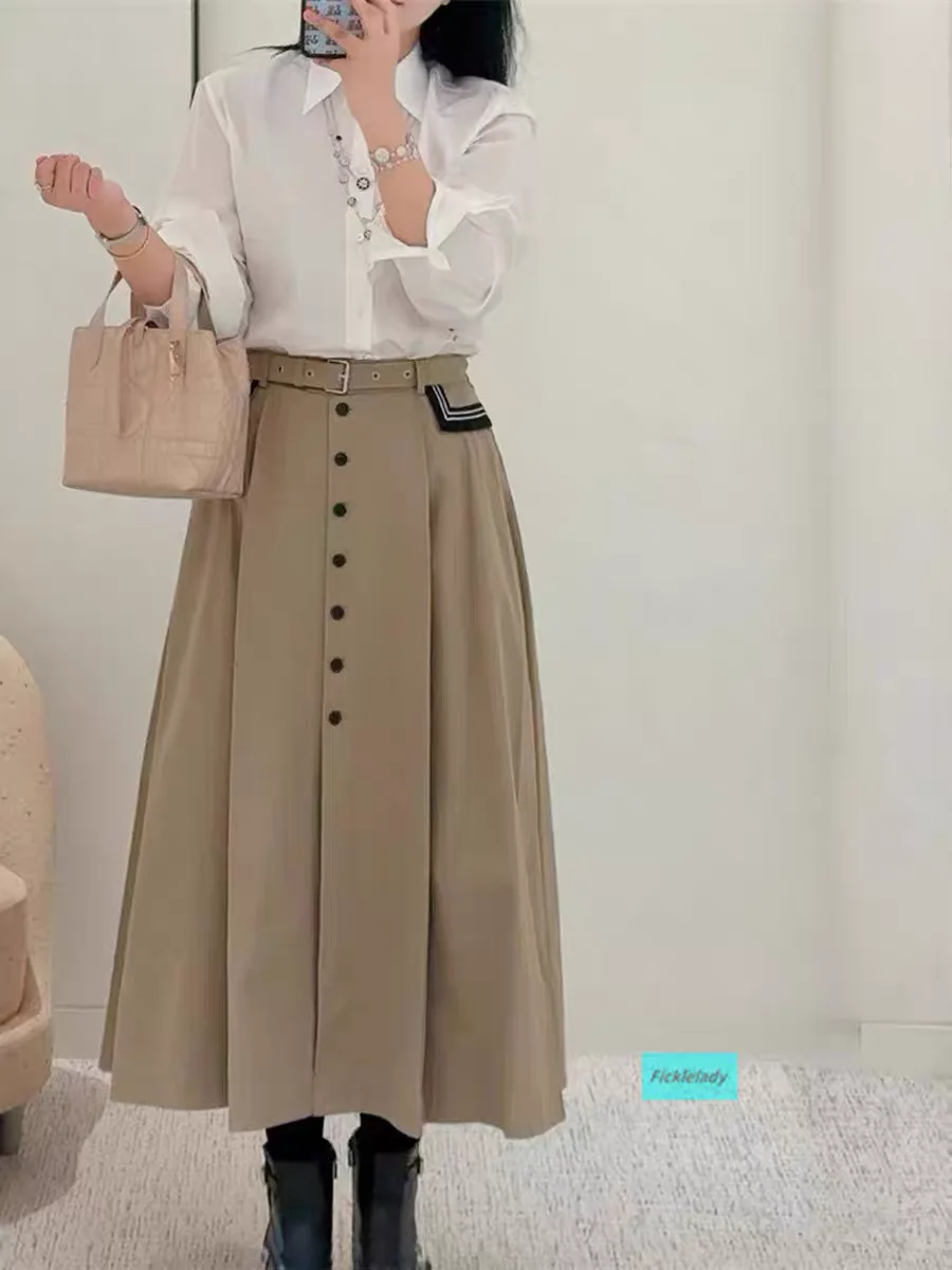 

Classic High-Waisted Cotton Halter Skirt with Single Button Mid-Length Belted Kaki Color A-Line Skirt for Women Summer 2026