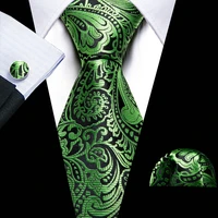 Fashion Men Tie Green Teal Blue Solid Paisley Striped Plaid Floral Animal Necktie Handkerchief Cufflinks Set Barry. silk Wang 2