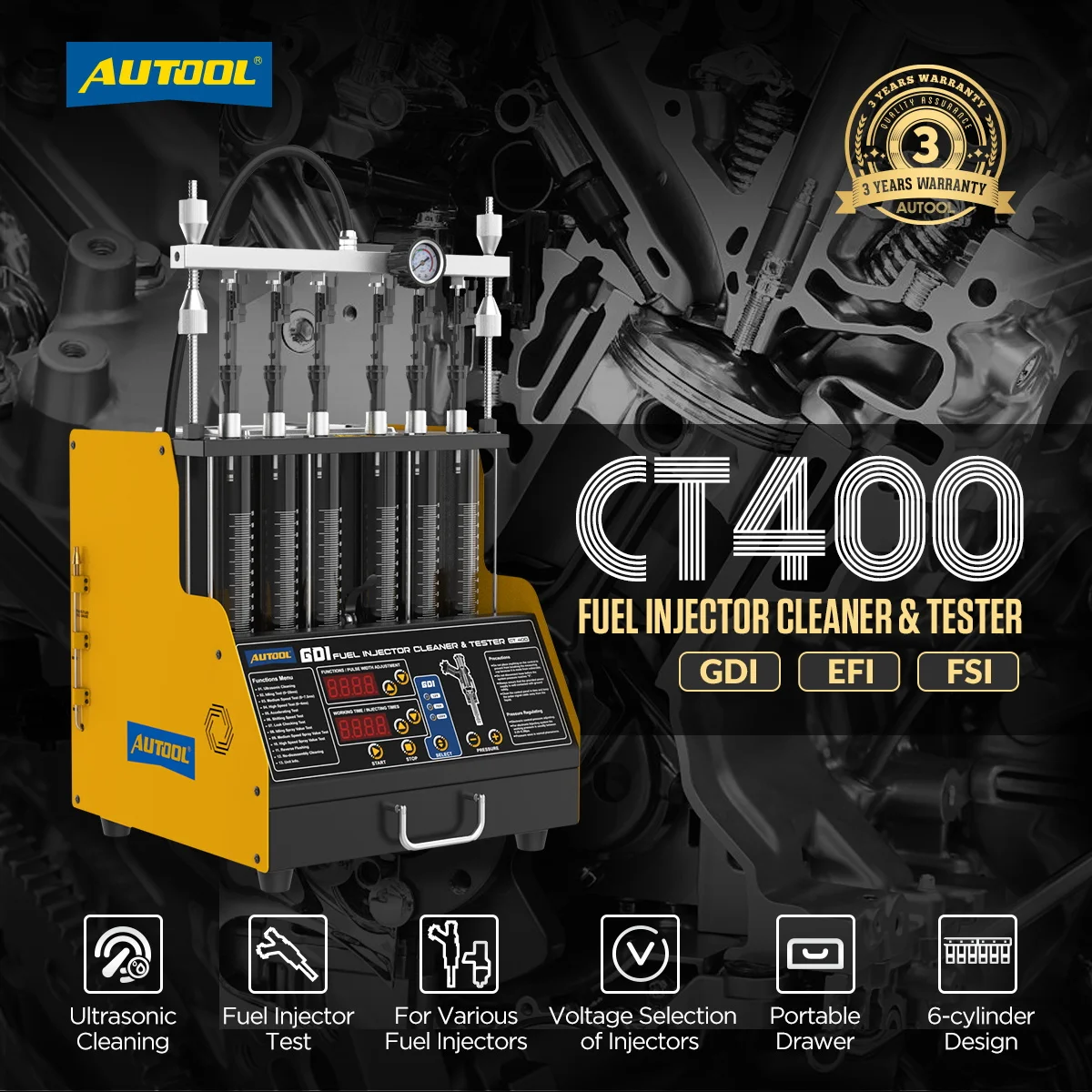 

AUTOOL автомобильный GDI EFI FEI пьезоэлектрический очиститель топливных форсунок и тестер машина 6-цилиндровый очиститель топливных форсунок тестер CT400