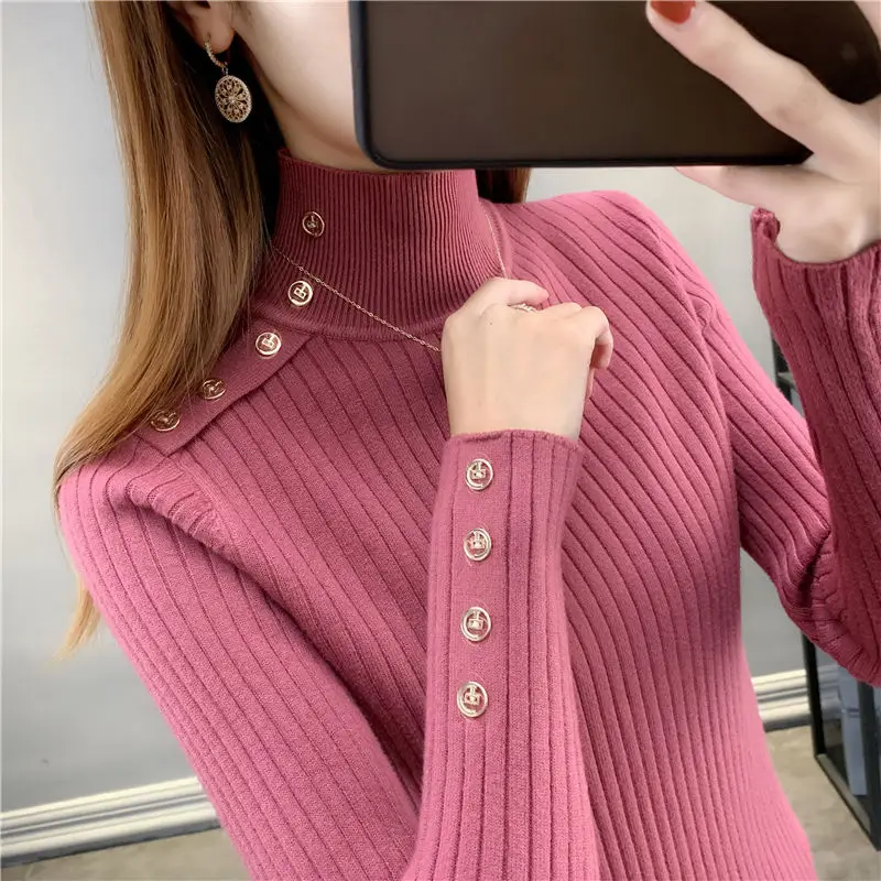 Women\'s Clothing Half High Collar Screw Thread Solid Color Pullover Long Sleeve Button Sweater Knitted Casual Office Lady Tops