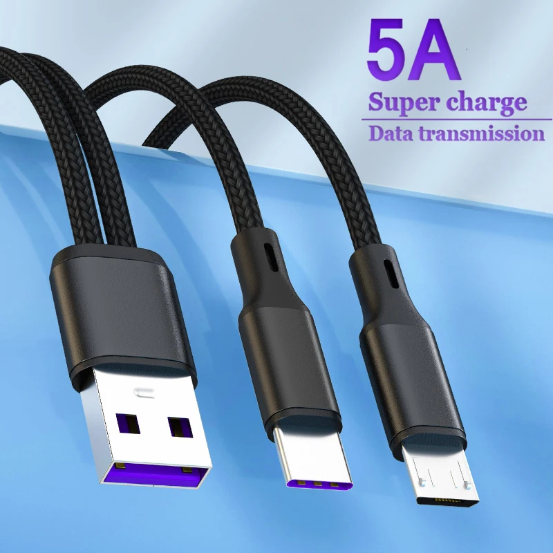 2 In 1 USB A To Micro USB Type C Charging Cord 5A High Speed Data Wire Dual Port Fast Charging Cable for Samsung Huawei Xiaomi