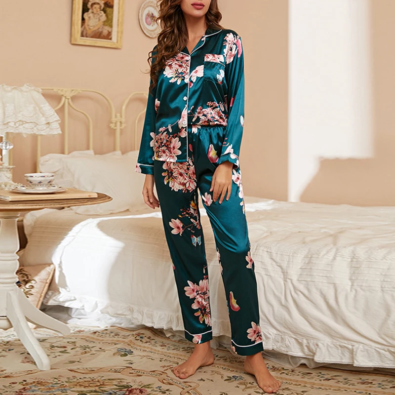 Women Faux Silk Satin Pajama Set Lapel Button Down Long Sleeve Tops & Long Pants Elegant Pink Floral Print Sleepwear Casual Ladi