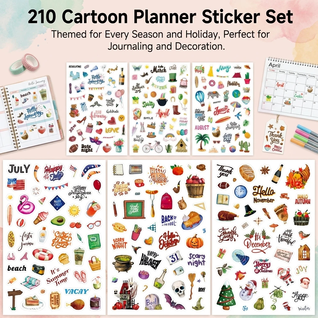 210Pcs English Cartoon Holiday Planner Stickers for Scrapbooking Decoration, Christmas, New Year, Easter, Multi-Purpose Crafting