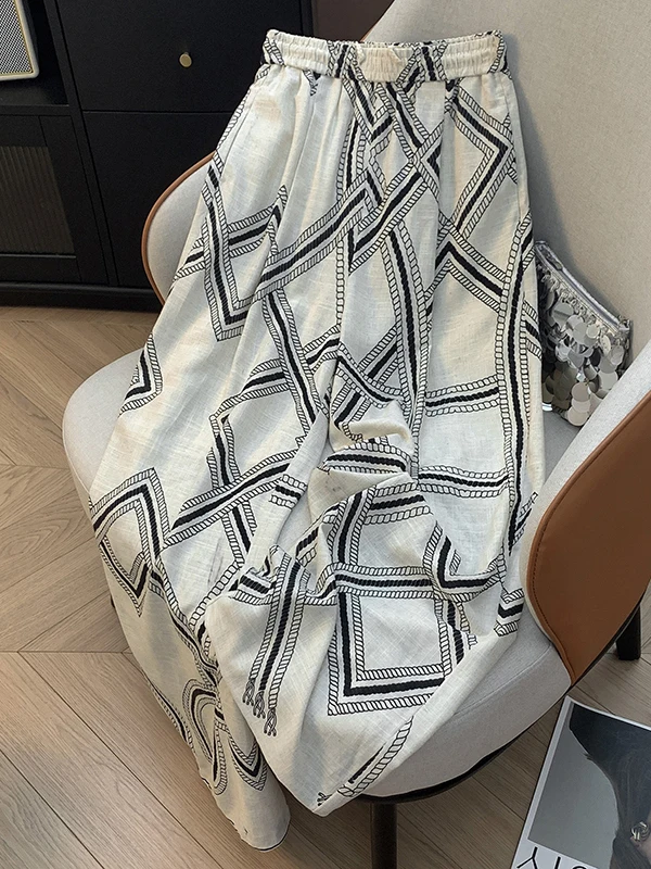 Authentic High Waist Straight Leg Casual Pants Geometric Tassel Drawstring Cotton Linen Wide Leg Pants Ladies Casual Wear