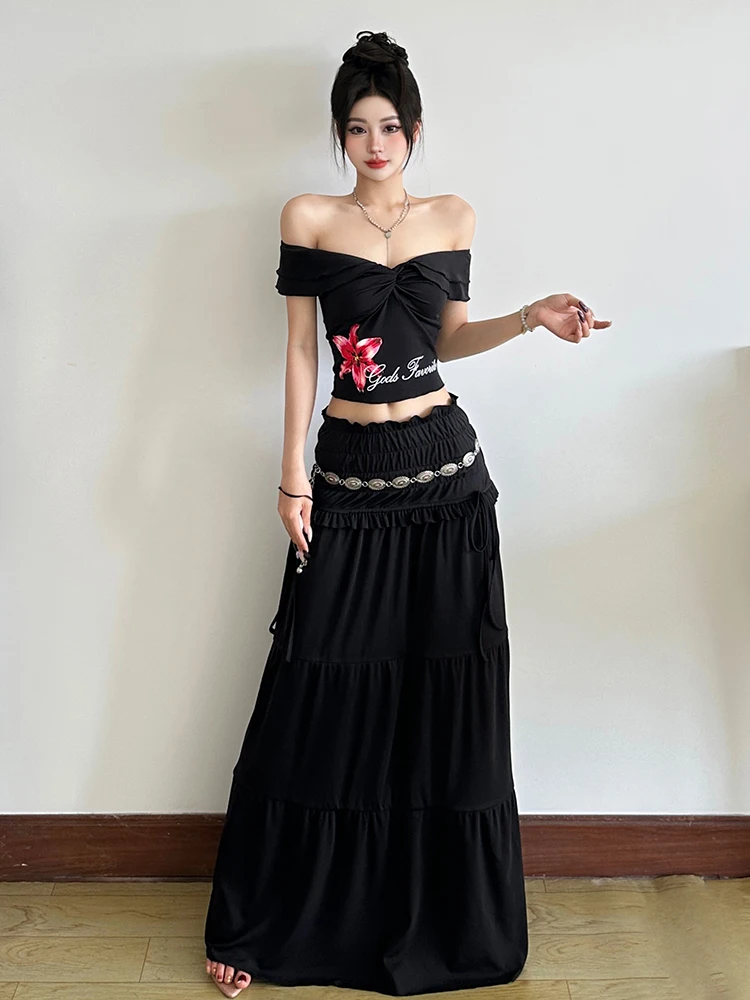 

Nibber Summer 2-piece set women one shoulder letter seashell starfish print T-shirt + folds lace-up fungus edge vacation suits
