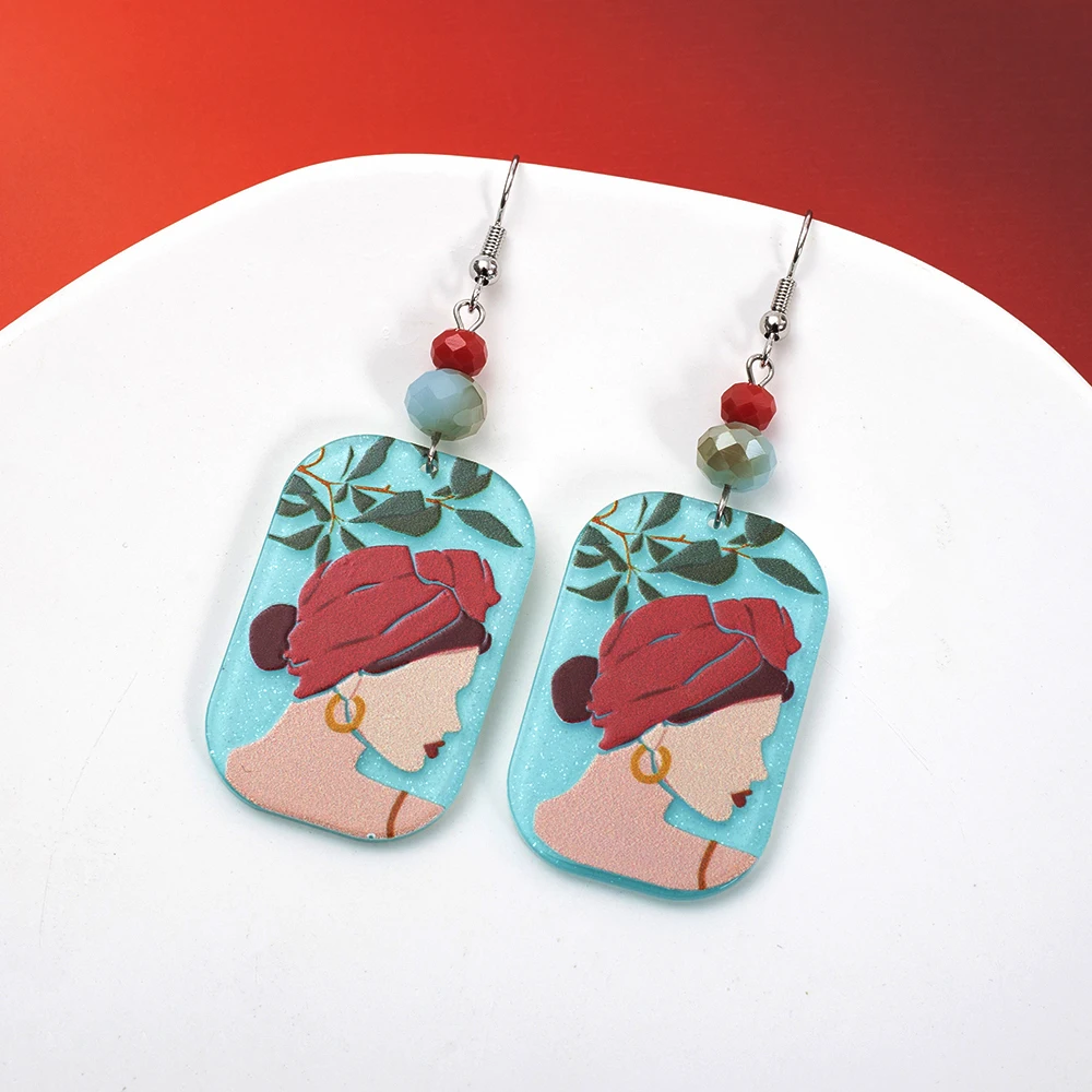 Fashion National Style Beauty Head Stereo Printing Acrylic Earrings For Women Vintage Elegant Hot Selling Dangle Drop Jewelry