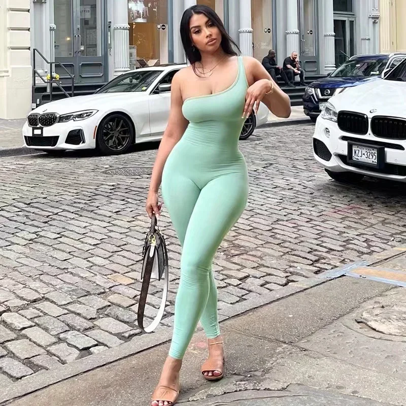 2024 Summer Slant Collar One Shoulder Sleeveless Solid Pure Outfits Clothing Jumpsuit Women Clubwear Sexy Party Body-Shaping