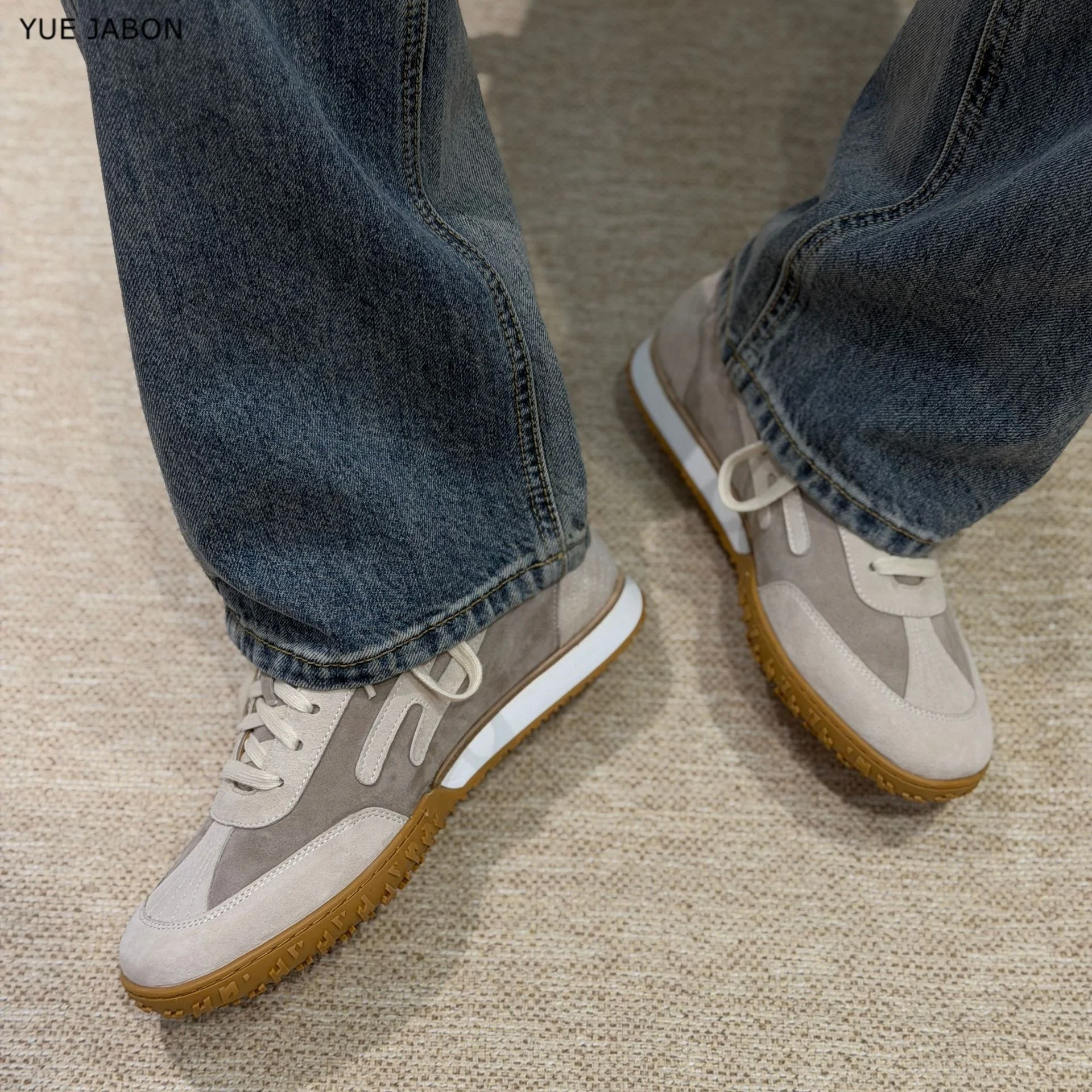 Men's Casual Breathable Patchwork Genuine Leather Shoes Low Cut Lace Up Sports Sneakers Lightweight Comfortable Autumn Shoes