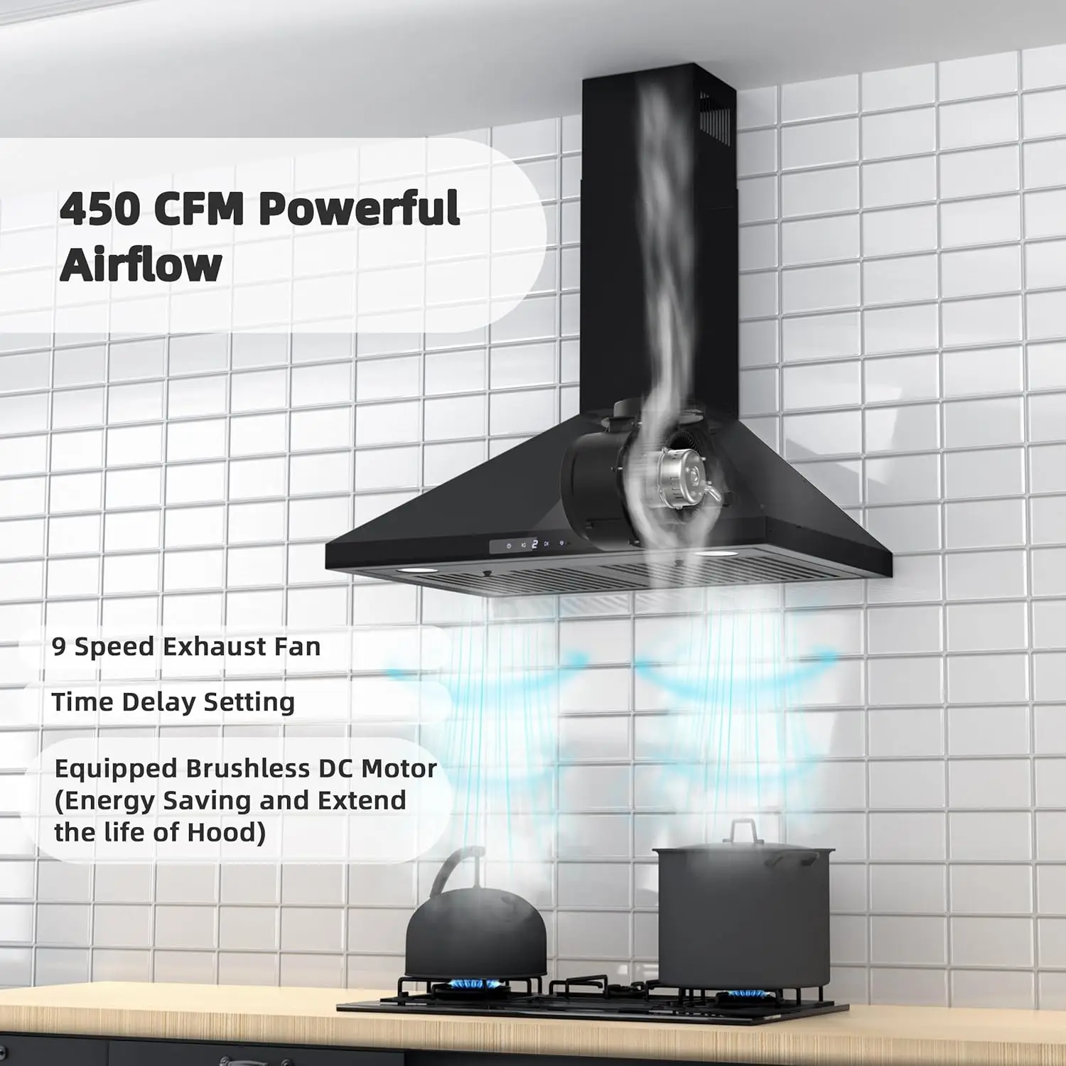 Black Range Hood 30 inch,Convertible Wall Mount Range Hood with  Motor,450  ,9 Speed Fan,Soft Touch Controls,