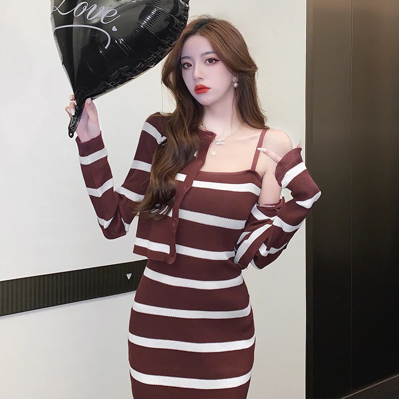 

2024 Autumn Winter Knitted Single Button Two Piece Set Coat Long Sleeve Solid Color Fashion Casual Women Suspender Dresses