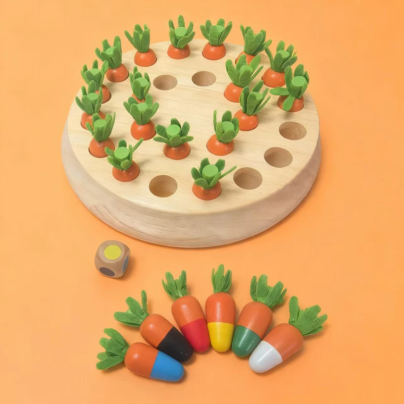 Drewniana gra w szachy w kształcie marchewki z kolorową planszą i układanką. Zabawka edukacyjna Montessori do rozwijania zdolności poznawczych