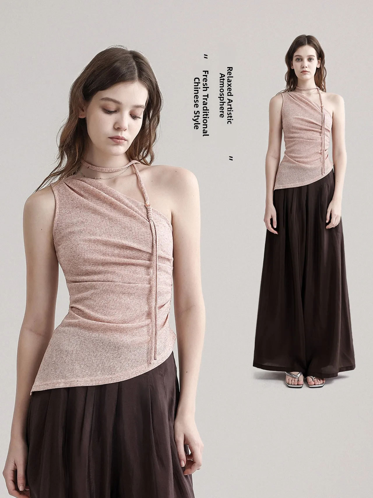 

Оригинальный дизайн, китайский стиль, топ с драпировкой на боковой талии, асимметричный, с одним открытым плечом, укороченный, дышащий