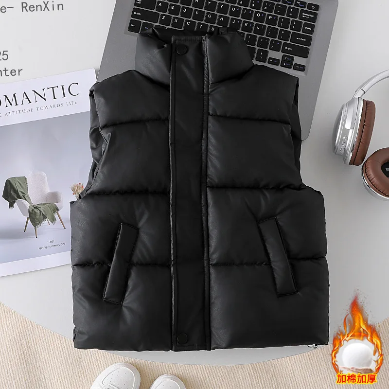 

Warm Kids' Padded Vest Stand Collar Solid Color Sleeveless Jacket Winter Fashion Children's Thickened Outerwear For Boys Girls