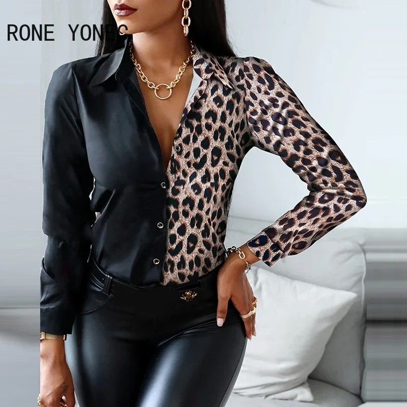 Women Shirt Elegant Cheetah Print Button Design Long Sleeve Shirt Blouse