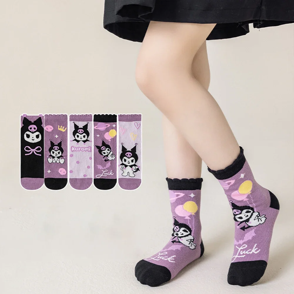 5pcs Set Kuromi Socks Cinnamoroll Girl Autumn Wintertime Kawaii Children Soft Pure Cotton Warm Cartoon Crew Sockss Gift