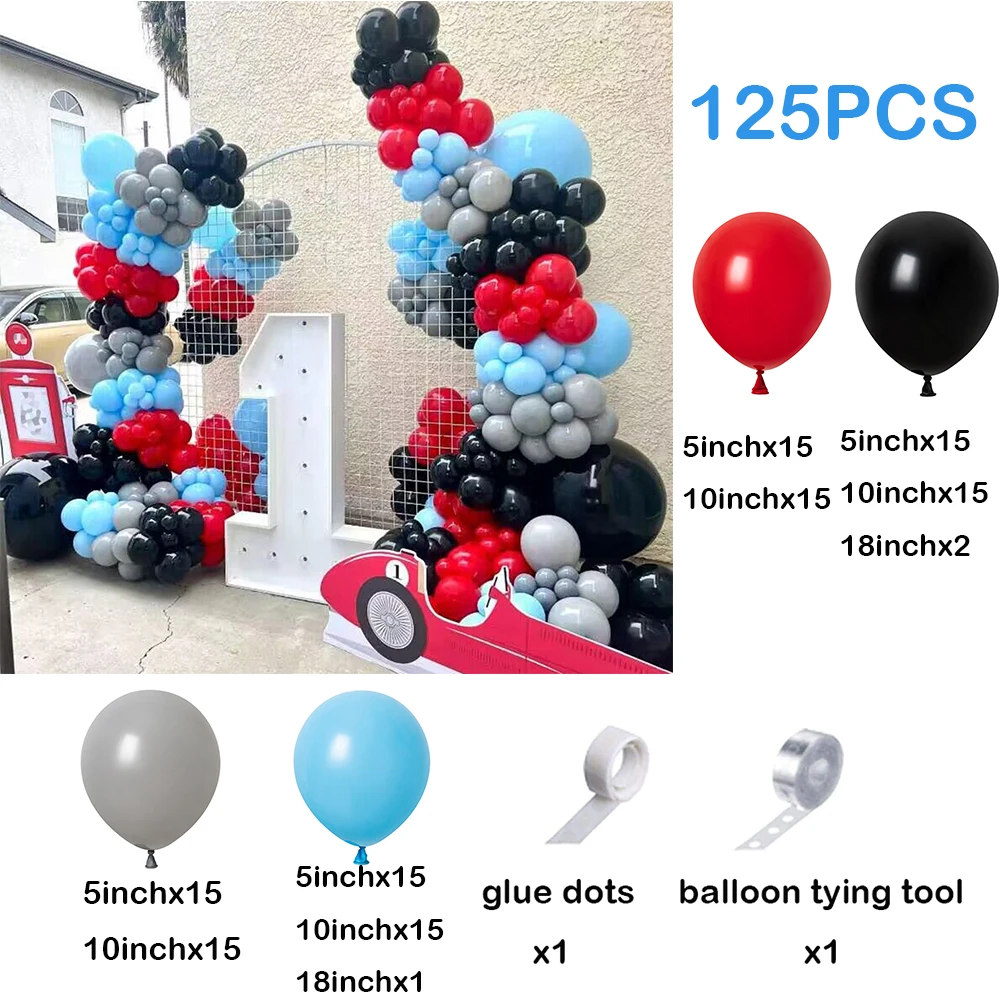 125Pcs Racing Car Balloons Arch Garland Kit Red Black Balloon Set for Kids Birthday Party Decor Racing Casino Baby Shower Globos