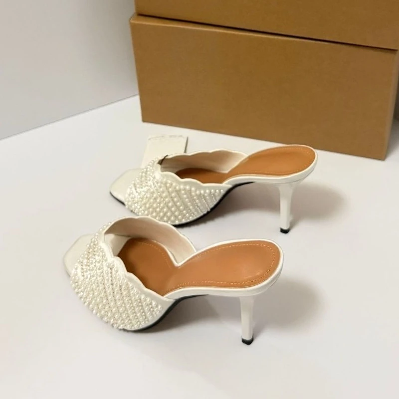 Pearl Beaded Women Mules Square Toe Stiletto High Heel Slides Elegant Sandals Summer Footwear for Wedding Party Daily Wear