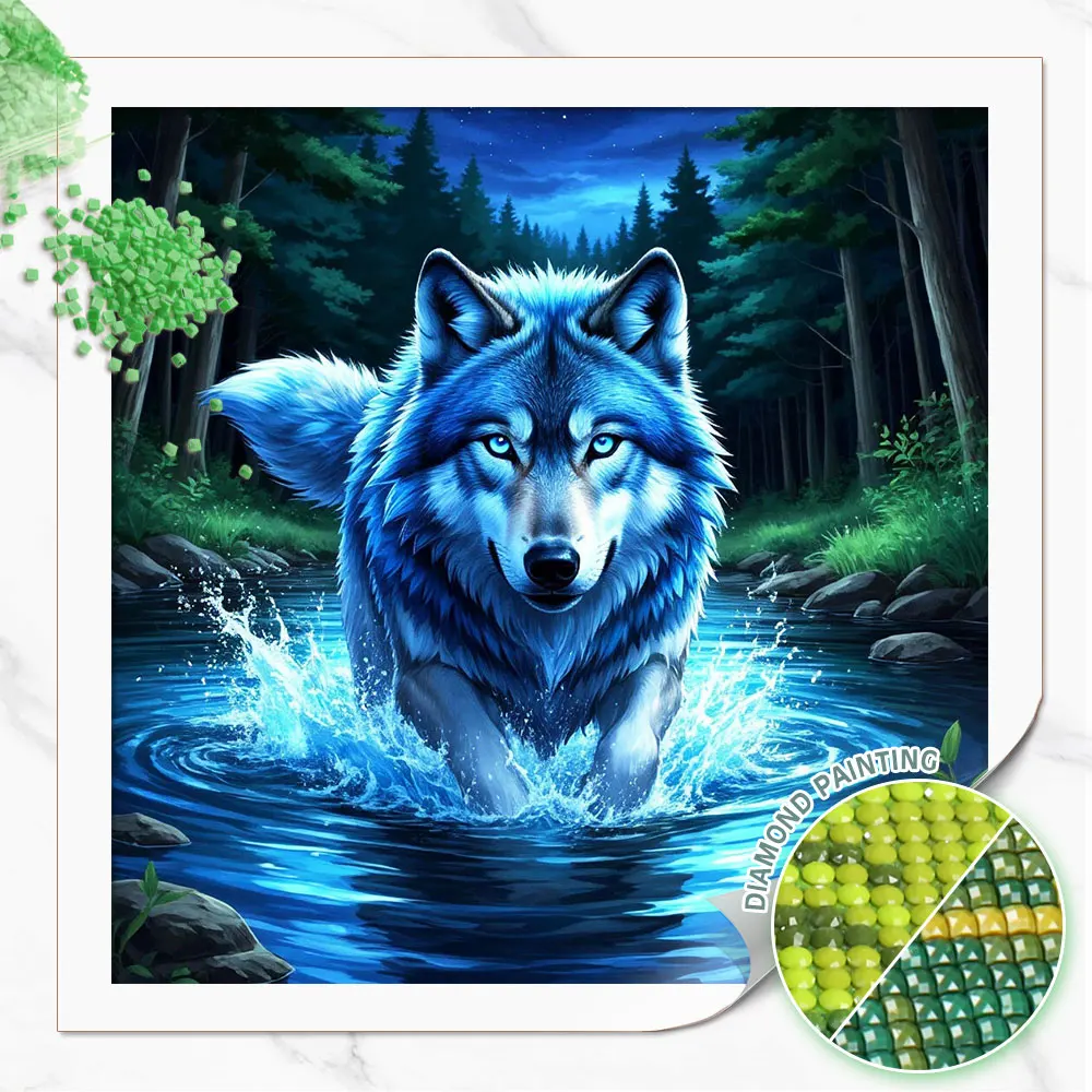 Huacan 5D DIY Diamond Painting Forest Stream Wolf Diamond Mosaic Animal Landscape Art New Collection Decorative Paintings