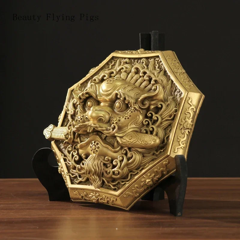 1PCS Yellow Bronze Bagua Mirror Gate Window Feng Shui Lion Tiger Head Brand Swallowing Beast Ornament home accessories