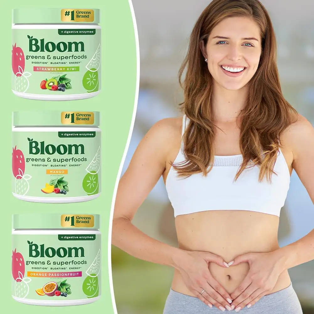 بلوم جرينز آند سوبر فودز نكهة فاكهة البرتقال إنزيمات الجهاز الهضمي تدعم الهضم والانتفاخ والخضر للطاقة للعافية