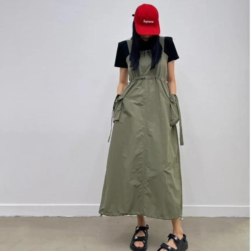 Waist-Cinching Drawstring Strap Dress with Large Pockets Women's Fashion Design Summer Commute Style Midi Skirt Casual Wear