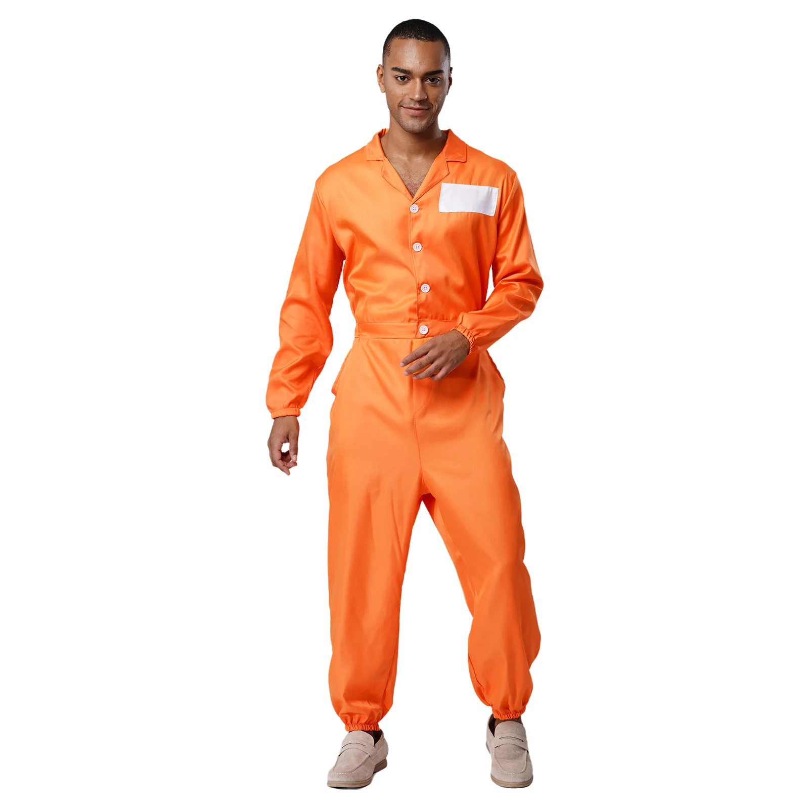 

Unisex Halloween Prisoner Jail Criminal Cosplay Jumpsuit Orange Color Long Sleeve Unitard Carnival Inmate Jail Role Play Uniform