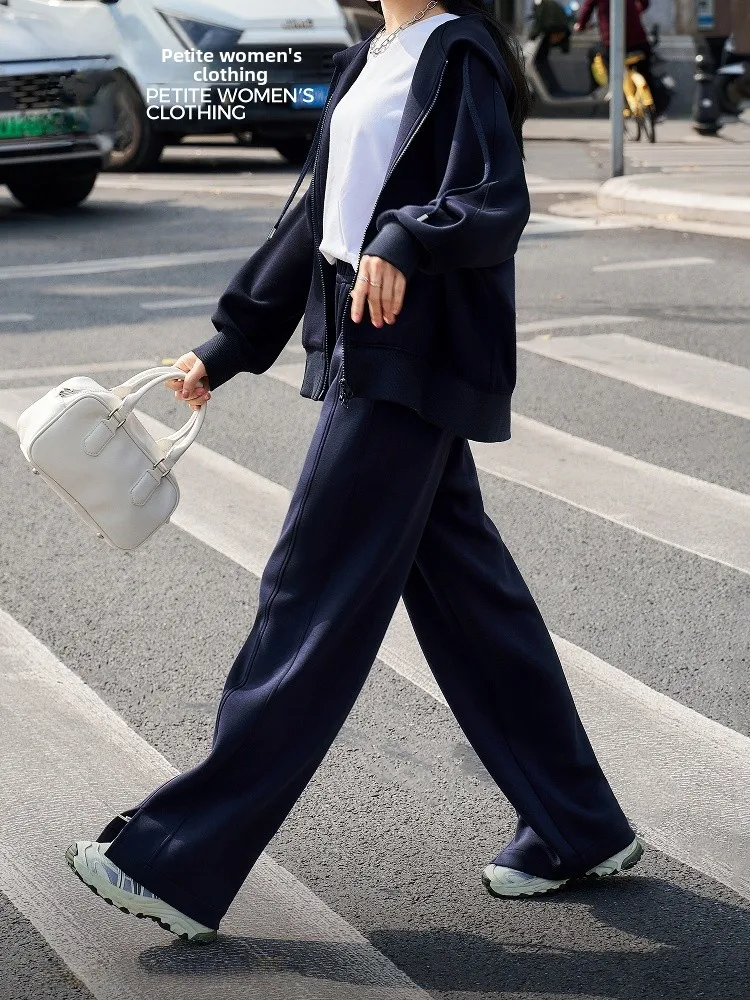 

Deep Blue Wide Leg Casual Pants High Waist Trousers with Split on Both Sides And Patchwork Design by Daqi Ladies Faion